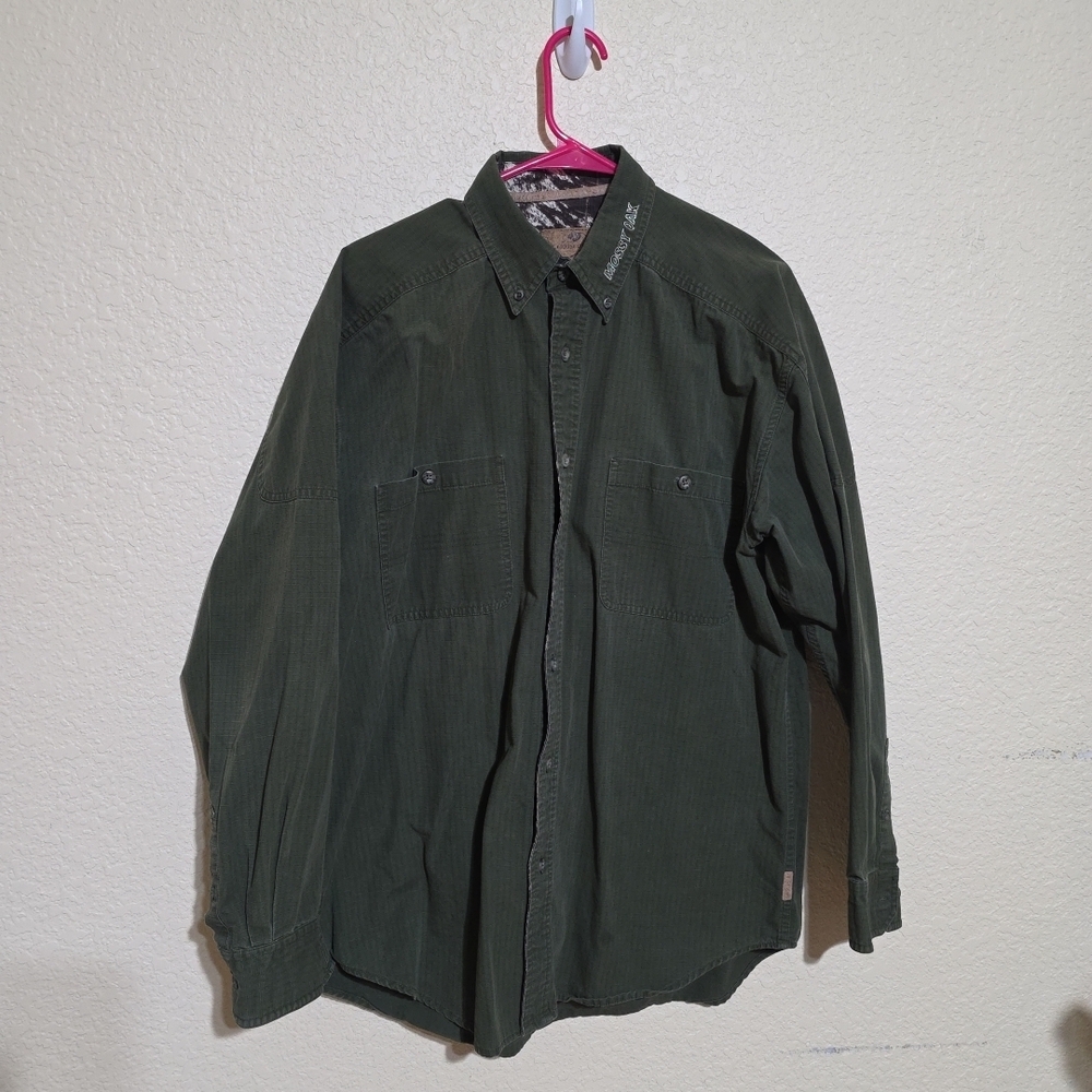 Mossy Oak Ripstop Canvas Button Shirt Camo Trim Hunting Green Men's Sz Large